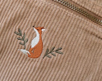 Crossbody bag with fox embroidery, belt bag, corduroy crossbody bag with fox design
