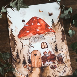 Póster con zorros enamorados bajo una seta venenosa, cuadro de pared para habitación infantil, DIN A4