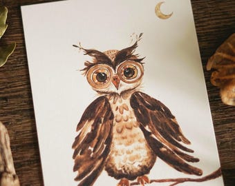 Greeting card clever owl with glasses eagle owl forest animals