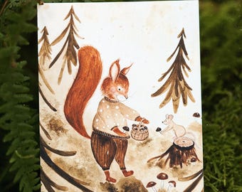 Children's room picture squirrel forest forest animal poster for home natural forest illustration squirrel collecting mushrooms animal print
