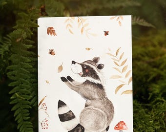 Children's room picture raccoon forest woodland animal poster for home natural forest illustration colorful leaves autumn wall picture animal print