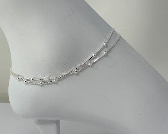 925 Sterling Silver Anklet, Sterling Silver 2 Strand Box Chain 2.5 mm Bead Anklet, Silver Adjustable Minimalist Anklet, Anklet Gift for Her