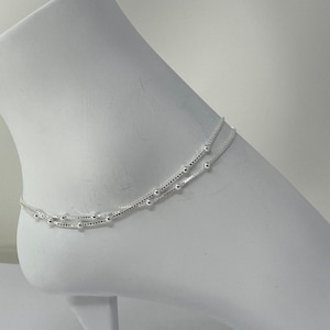 925 Sterling Silver Anklet, Sterling Silver 2 Strand Box Chain 2.5 mm Bead Anklet, Silver Adjustable Minimalist Anklet, Anklet Gift for Her