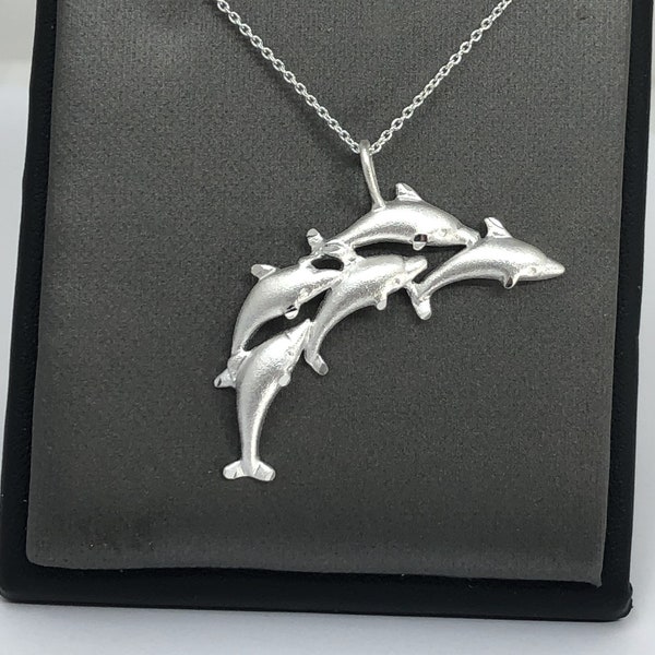925 Sterling Silver Necklace. Swimming Multi Dolphin Pendant Necklace . 925 Sterling Silver Brushed Finish Dolphin Necklace. Beach Necklace