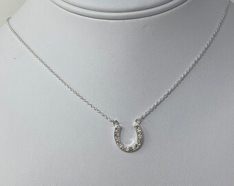 Minimalist  Sterling Silver Simulated Diamonds Set Horse Shoe Necklace. Lucky Horse Shoe Charm Necklace With CZ Diamonds.