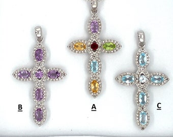 925 Solid Sterling Silver Natural Stone Cross Pendant Necklace Cross With 3x5 Oval 3mm, Options: A)MultiGemstone B) Amethyst, C)Blue Topaz