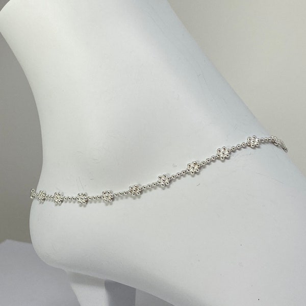 925 Sterling Silver Anklet, 925 Sterling Silver Minimalist Anklet with Bead Chain with Flower Bead Chain, Minimalist Anklet Gift for Her