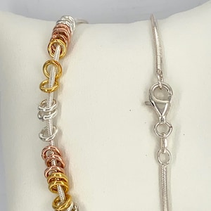 Sterling Silver Bracelet, Tri Color Rings Bracelet, Rose Gold, Yellow Gold, Shiny Silver Rings Bracelet, Charms Bracelet Made in Italy