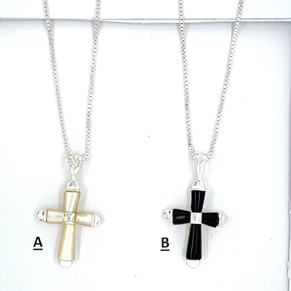 925  Solid Sterling Silver Cross Pendant Necklace, Cross Pendant Necklace.With Options: A) Synthetic Mother of Pearl and B) Black Onyx .