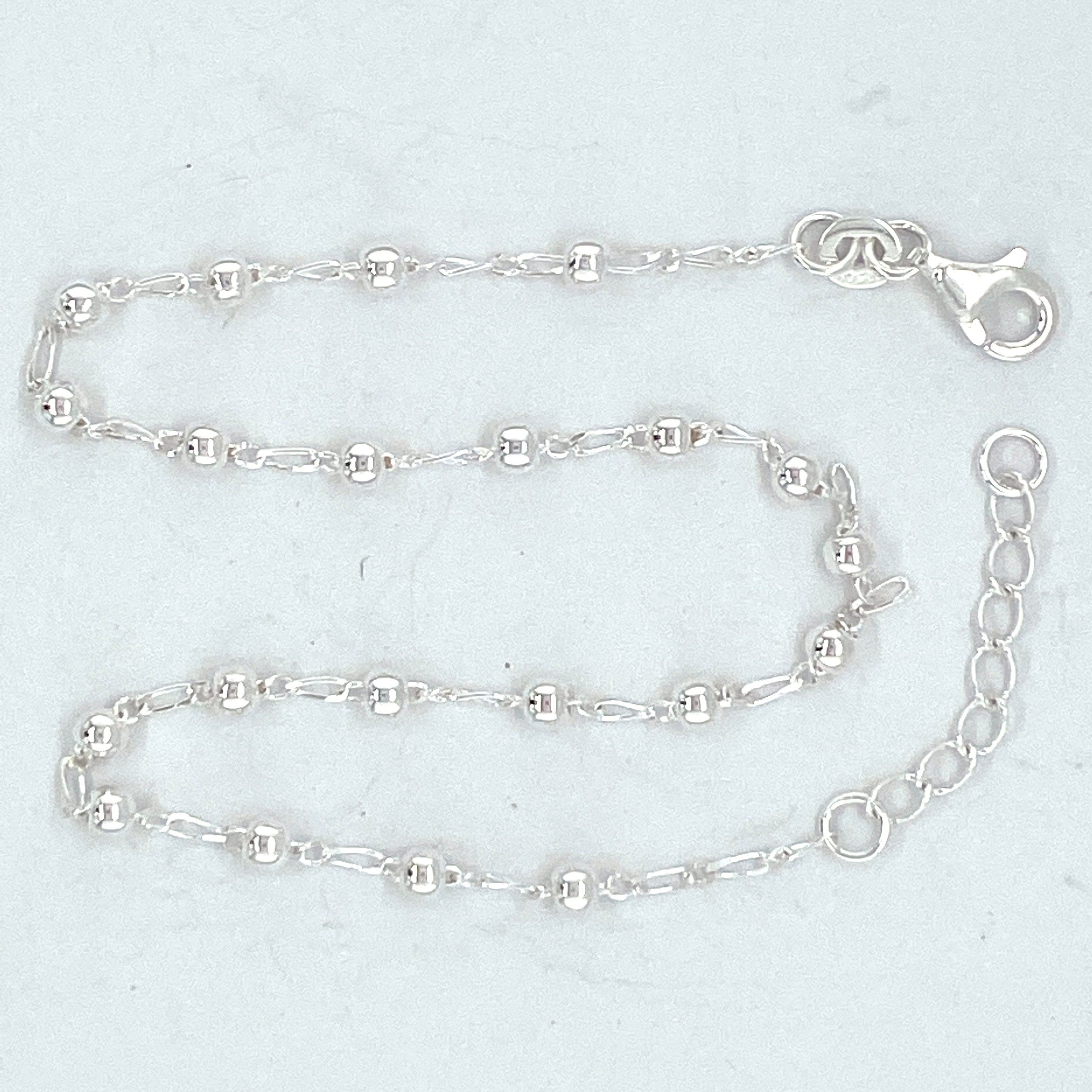925 Sterling Silver Anklet, 3 Mm Round Bead / Ball Sterling
