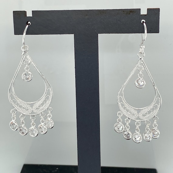 925 Sterling Silver Earrings, Filigree Chandlier Earrings. Filigree Chandlier Earring Decorated With CZ Simulated Diamond Stone