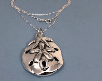 925 Sterling Silver Necklace, Sand Dollar Necklace With Starfish, Ocean Inspired Beach Necklace, 925 Sterling Silver Sand Dollar Pendant