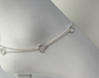 925 Sterling Silver Anklet, Double Strand Cable Chain with Swirl Design Round Rings, Sterling Silver Minimalist Anklet, Anklet Gift for Her