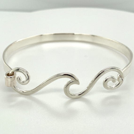 925 Sterling Silver Bangle, Wave Bangle. 7 Inch Wide Surf