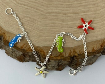 Handmade Solid 925 Sterling Silver Colorful Enamel Dangling Starfish Seahorse Sea-life Charm Baby Bracelet 6 Inches.