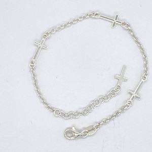 Sterling Silver Cross Bracelet,  Solid sterling silver rolo link religious bracelet. Adjustable Cross Bracelet, 6.5 inch +1 inch extension