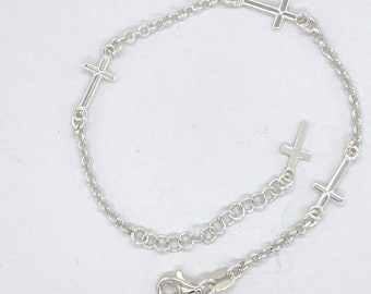 Sterling Silver Cross Bracelet,  Solid sterling silver rolo link religious bracelet. Adjustable Cross Bracelet, 6.5 inch +1 inch extension
