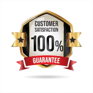 May include: Gold and black badge with a red ribbon. The badge has a white center with the text "CUSTOMER SATISFACTION 100% GUARANTEE".