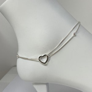 925 Sterling Silver Anklet, Sterling Silver Station Bead Heart Anklet, Sterling Silver Minimalist Anklet, Anklet Gift for Her