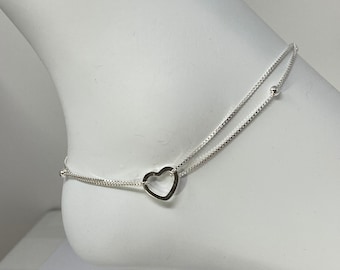 925 Sterling Silver Anklet, Sterling Silver Station Bead Heart Anklet, Sterling Silver Minimalist Anklet, Anklet Gift for Her