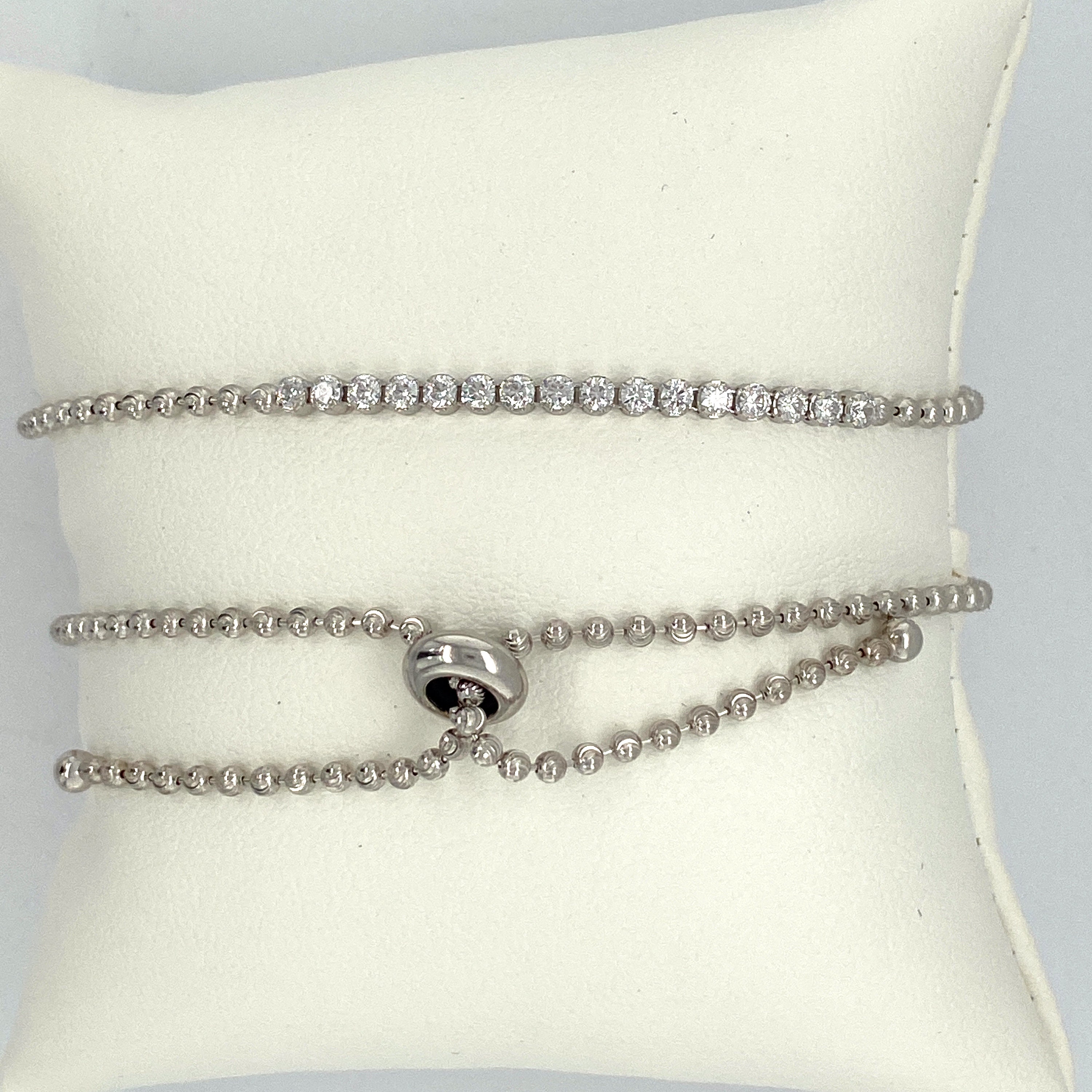 Sterling Silver Bracelet, Diamond Cz Bola Bracelet With Round Moon Cut Bead Chain, Adjustable Bola Bracelet. Rh Plated Bola Bracelet