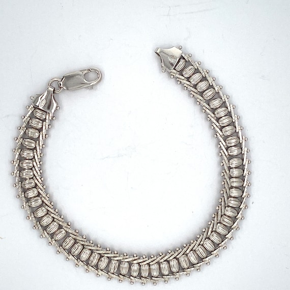 Sterling Silver Bracelet Ribbed Rice Bead Bracelet Rhodium