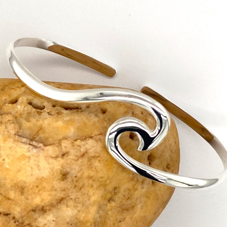 925 Sterling Silver Bangle, Sterling Silver Surf Wave Cuff Bangle. Adjustable Beach Wave Bangle, Hallmark 925 Sterling Silver Jewelry image 1