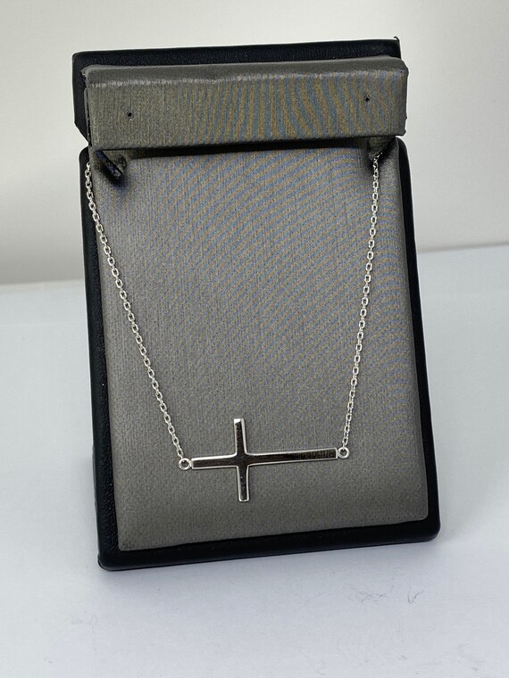 925 Sterling Silver Cross Necklace Side-way, Link Chain 1.25 Inch