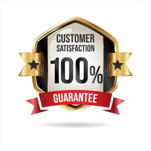 Puede incluir: Insignia dorada y negra con una cinta roja. La insignia tiene un centro blanco con el texto "CUSTOMER SATISFACTION 100% GUARANTEE".