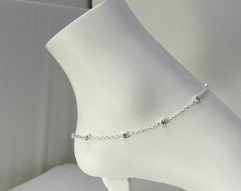 Sterling Silver Anklet, Dainty Anklet with Bezel set Diamond cz Adjustable Anklet, Sterling Silver Minimalist Anklet| Best Holidays Gift