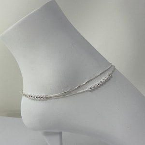 925 Sterling Silver Anklet, Sterling Silver Two Strand Box Chain With Stationed 3mm Beads Anklet, Minimalist Anklet Gift for Her