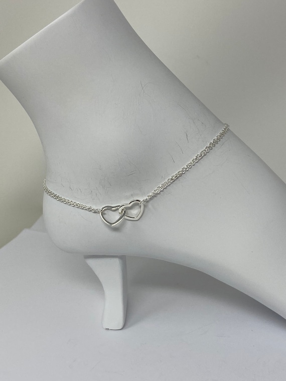Heart Anklet Double Chain Sterling Silver Adjustable LONG Length 11-12 inches Heart Anklet Double Chain Sterling Silver Adjustable LONG Length 11-12 inches