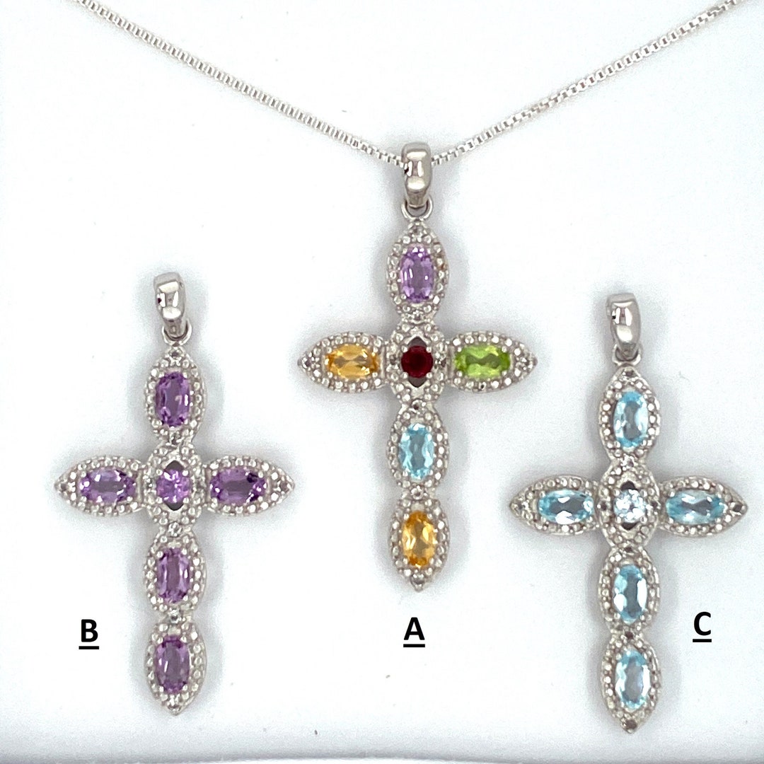 925 Solid Sterling Silver Natural Stone Cross Pendant Necklace Cross ...