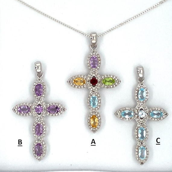 925 Solid Sterling Silver Natural Stone Cross Pendant Necklace Cross With 3x5 Oval 3mm, Options: A)MultiGemstone B) Amethyst, C)Blue Topaz