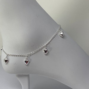 925 Sterling Silver Anklet, Dangling Puff Hearts Anklet, Sterling Silver Anklet, Sterling Silver Minimalist Anklet, Anklet Gift for Her