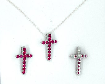 925 Sterling Silver Cross Pendant. Prong Set Ruby Cross Necklace. Silver Cross Necklace, 3/4 Inch Long Ruby Cross Necklace Charm.