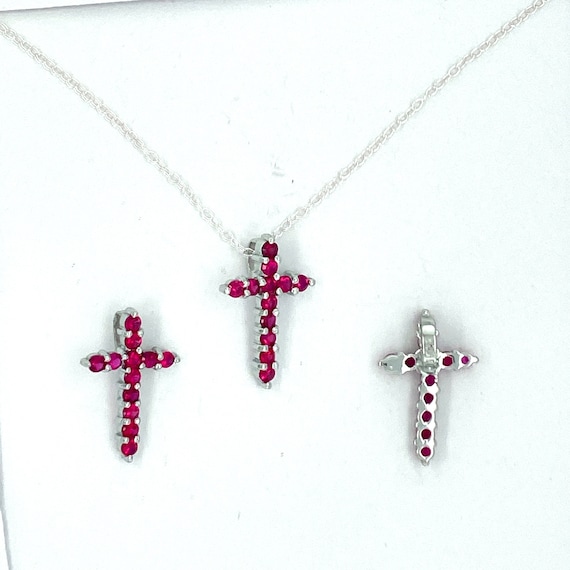 925 Sterling Silver Cross Pendant. Prong Set Ruby Cross Necklace