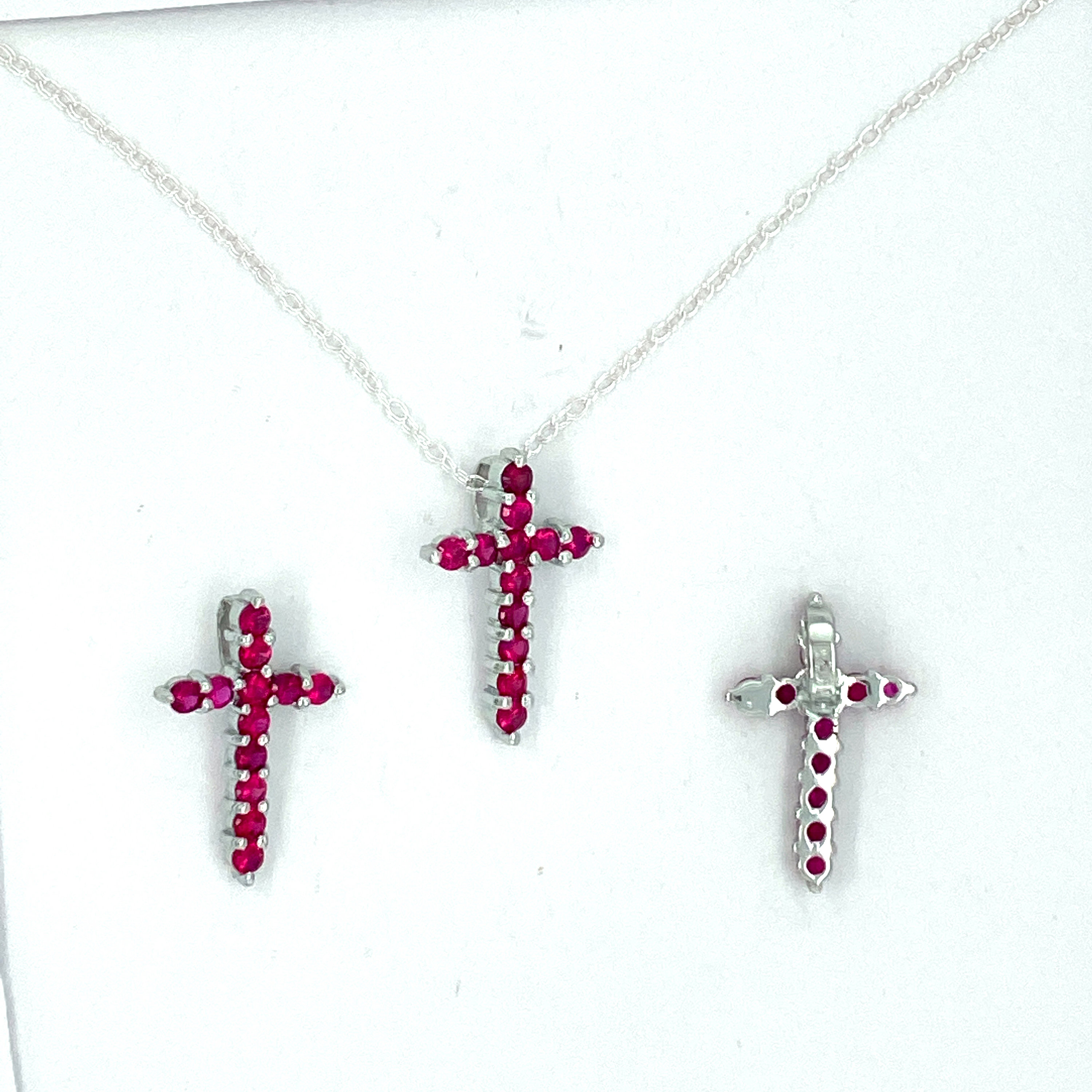 925 Sterling Silver Cross Pendant. Prong Set Ruby Cross