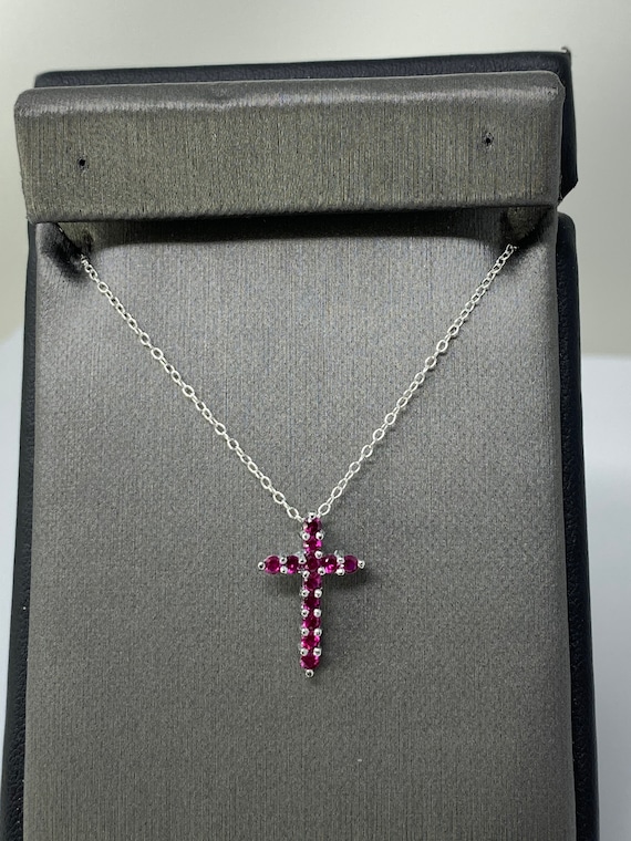 925 Sterling Silver Cross Pendant. Prong Set Ruby Cross Necklace