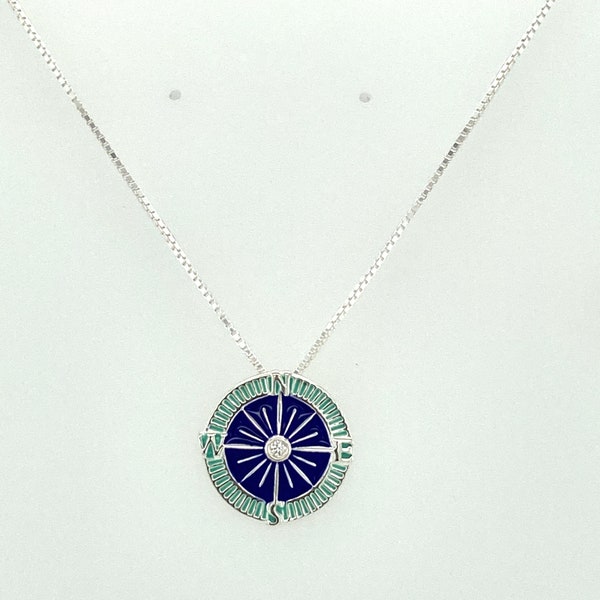 925 Sterling Silver Pendant Necklace, Simulated Diamond CZ dark blue-light green enamel Silver Necklace Enamel compass| Best Holidays Gift