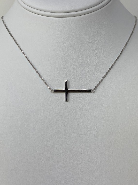 925 Sterling Silver Cross Necklace Side-way, Link Chain 1.25 Inch