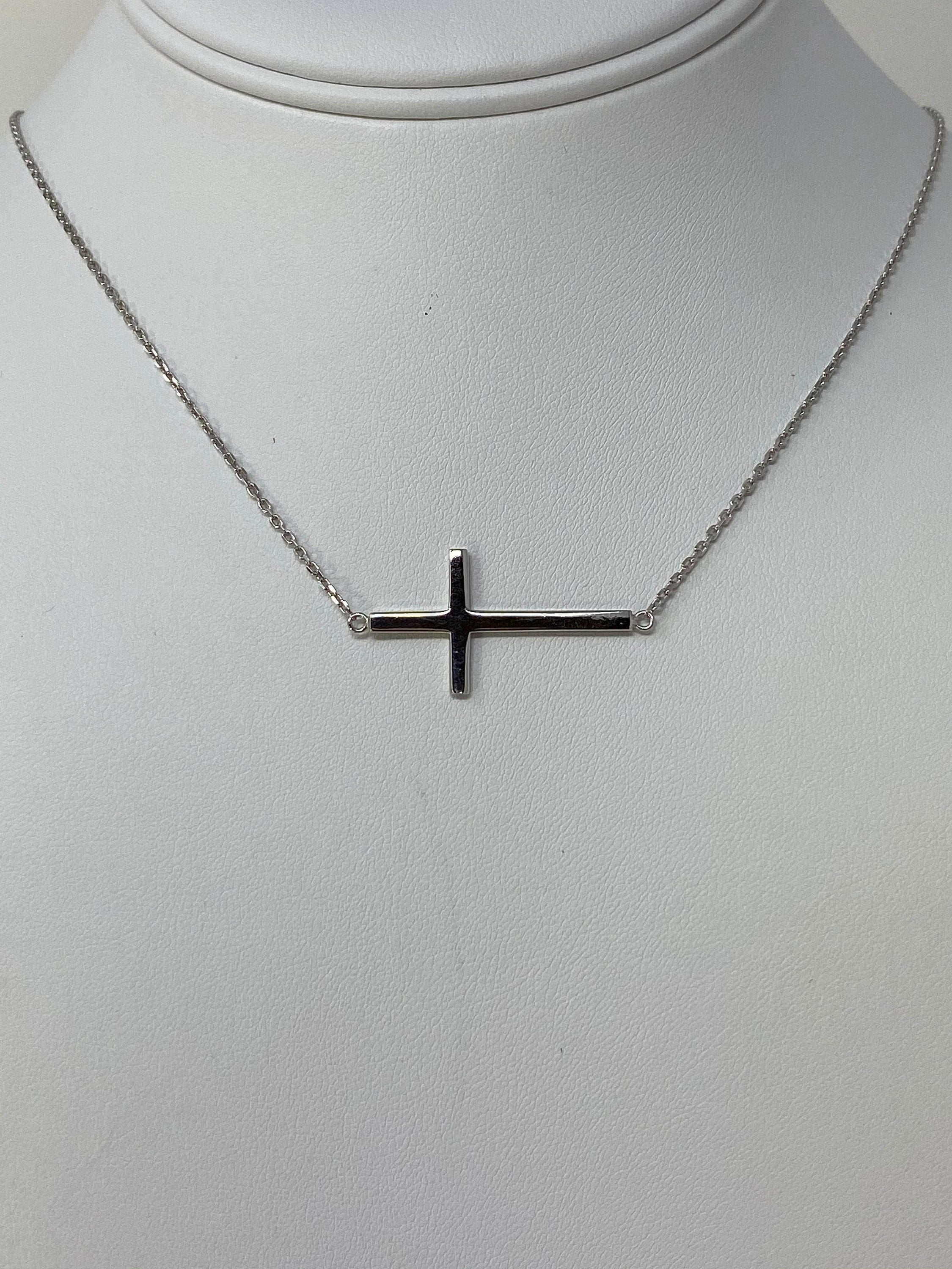 925 Sterling Silver Cross Necklace Side-way, Link Chain 1.25 Inch