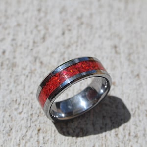 Tungsten Ring with Ruby Red Opal Inlay