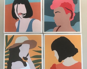 Set van 4 keramische tegels Coasters met kurk terug abstract vrouwen vrouwelijke gezichten retro kunst