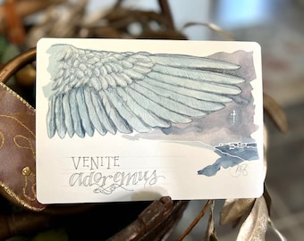 Angel Venite Adoremus art Christmas cards, 5x7” ex heavyweight 16pt rounded-corner FLAT panel (not bifold) matte finish, set of 20 with env