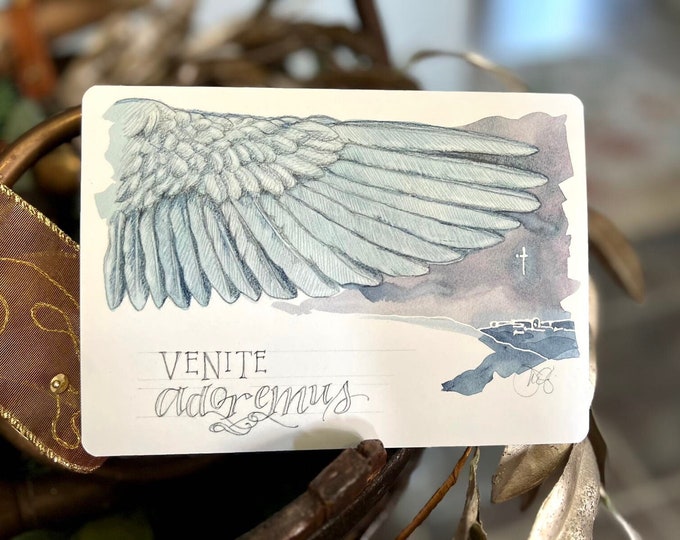 Angel Venite Adoremus art Christmas cards, 5x7” ex heavyweight 16pt rounded-corner FLAT panel (not bifold) matte finish, set of 20 with env