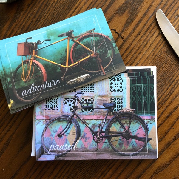Bicycle notecards, "Adventure" "Paused", 2 travel photography designs, 4x6” hvyweight 14pt flat blank cards, set of 12 w/ env