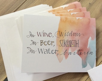 Wine Wisdom Beer Strength notecards, 4x5.5 folded blank fun bacteria watercolor cards, sets of 8 or 18 with env