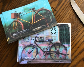Bicycle notecards, "Adventure" "Paused", 2 travel photography designs, 4x6” hvyweight 14pt flat blank cards, set of 12 w/ env