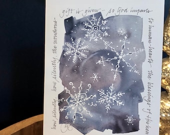 Snowflake watercolor calligraphy Christmas cards, artisan 5x7” heavy BIFOLD cards, set of 20 w/ white A7 envs, optional matching seals